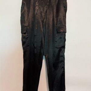 Ramy Brook 'Allyn' Drawstring-Waist Satin Cargo Pants, Black  - Small